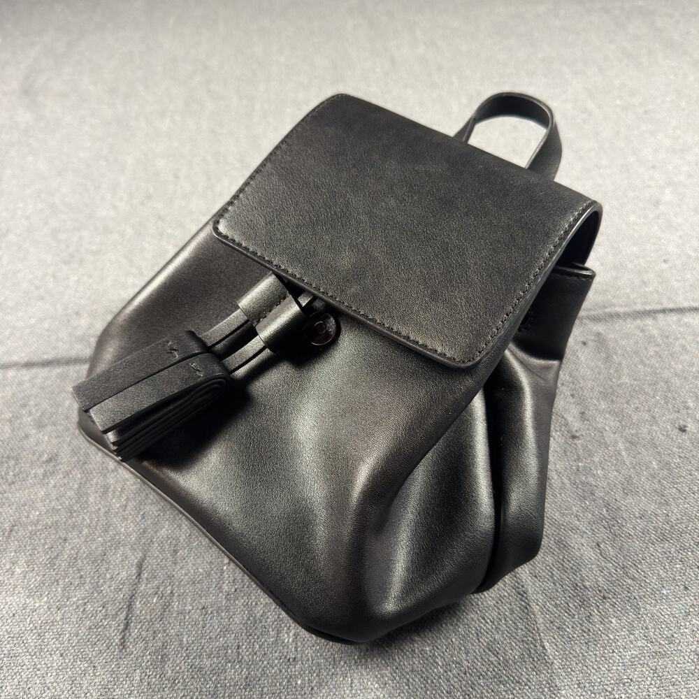 French Connection Black Faux Leather Tassel Mini Backpack Flap Purse Bag